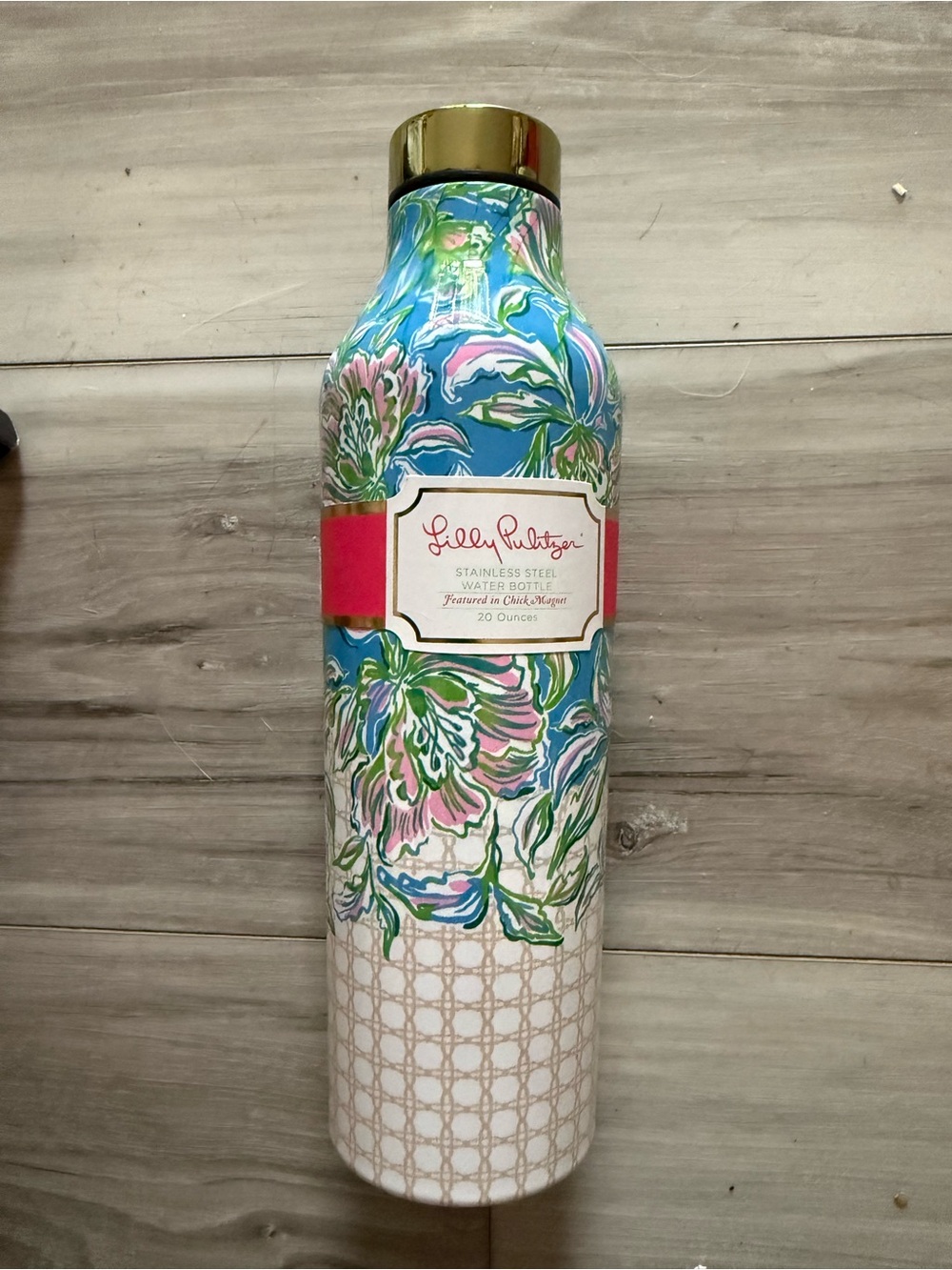 Lilly Pulitzer Blue Floral Stainless Steel Bottle with Gold Cap 20 oz